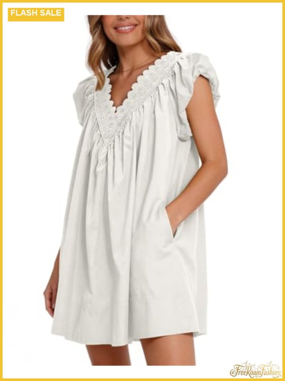 Cotton A-Line Mini Dress V-Neck Puff Sleeve Babydoll Beach
